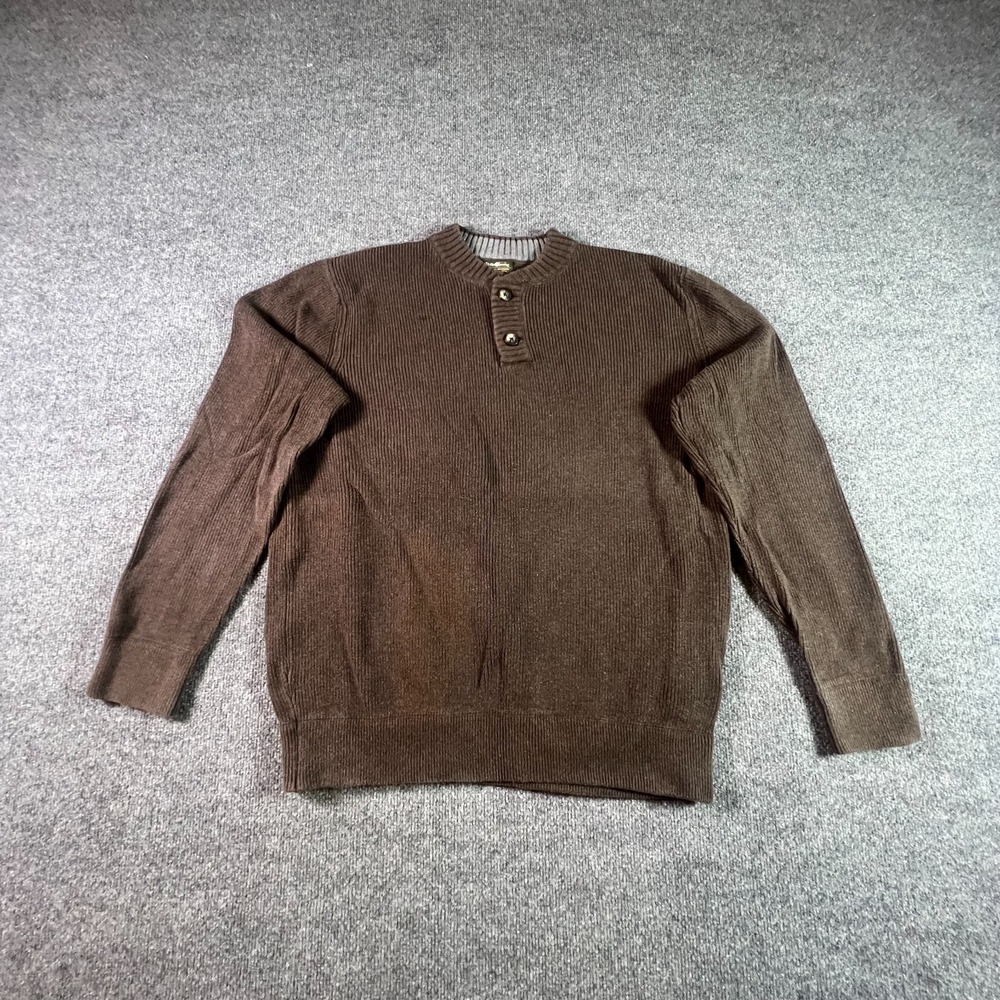Eddie Bauer Henley Sweater Mens Large Tall Brown Ribbed Knit Everyday Heritage